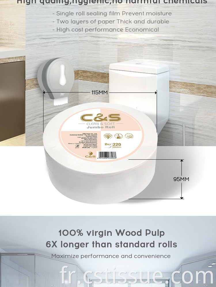 2021 Nouveau design 220 mètres Big Jumbo Rolls Virgin Wood Pulp Tissu Paper Toilet Tissue